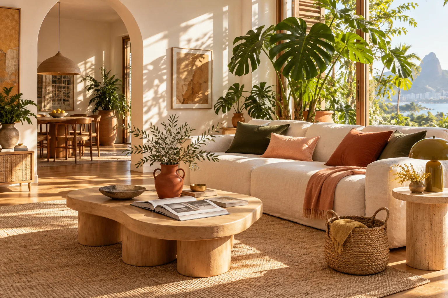 Inspiração de sala com sofá claro, almofadas em oliva e terracota, plantas e luz natural