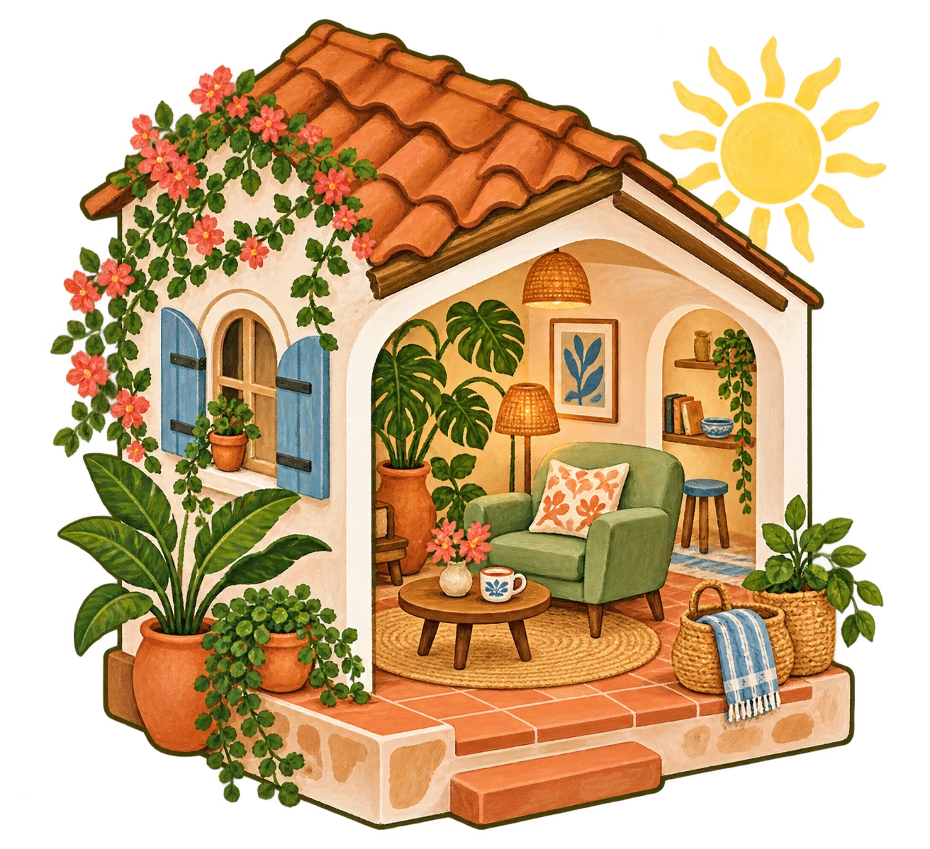 Ilustração de uma casa com detalhes acolhedores