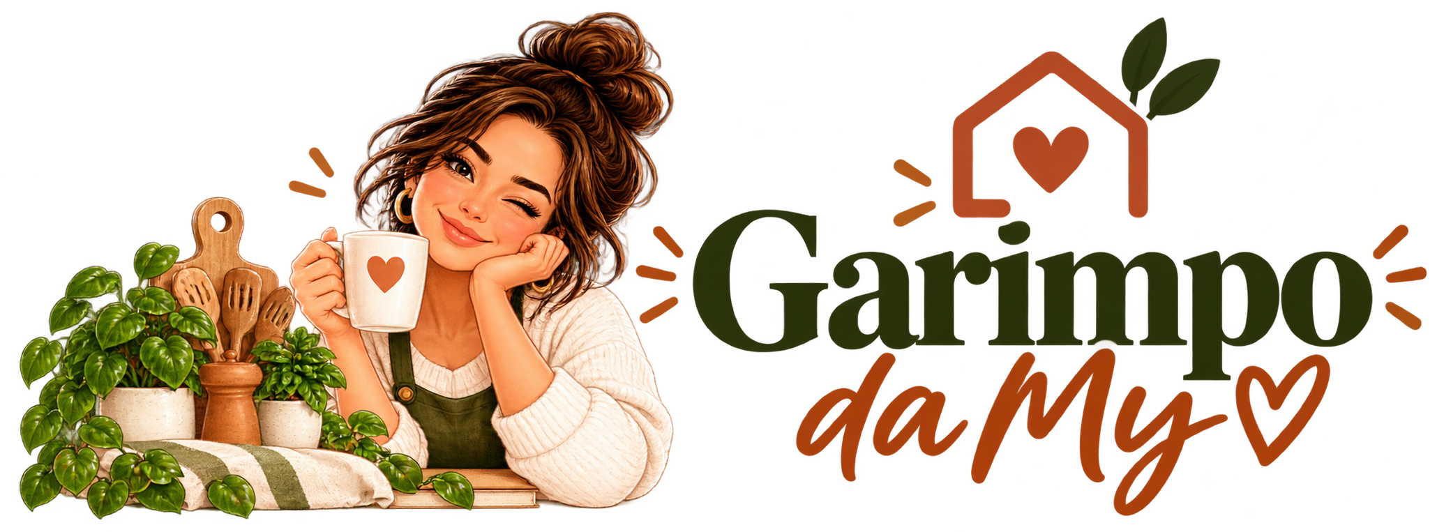 Garimpo da My, personagem ilustrada com uma xícara e o símbolo de uma casa